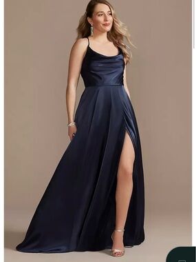 Elegant Navy Satin Spaghetti-Strap Evening Gown from David’s Bridal